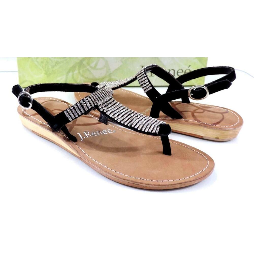 Women's J.Renee Stella Low Wedge T-Strap Sandals Rhinestone Suede Black Size 7.5 - Picture 2 of 9